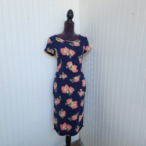 Isabel Maternity Women’s Dress Navy Blue Pink Floral Midi Fitted Ruched Sz S - Picture 1 of 12